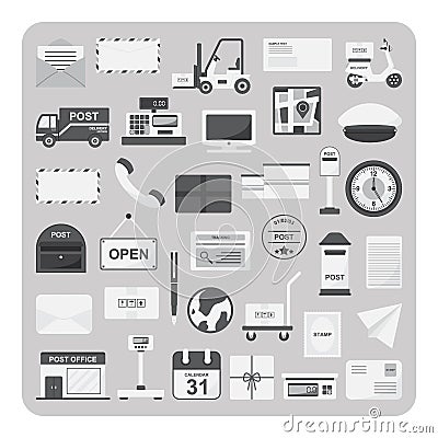 Vector of flat icons, Postal service and post office set Vector Illustration