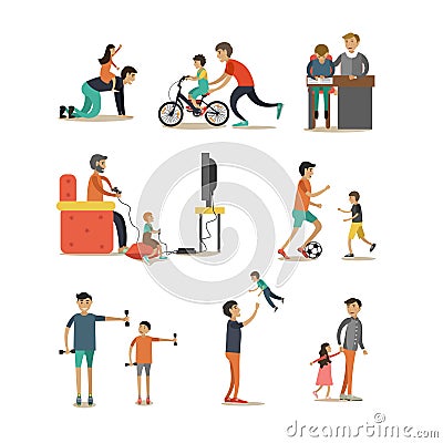 Vector flat icons set of fathers with children characters Vector Illustration