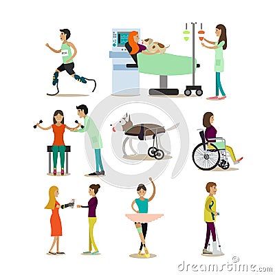 Vector flat icons set of medical staff and disabled people, pets Vector Illustration