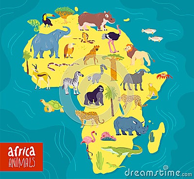Vector flat illustration of Africa continent, animals and plants: elephant, rhino, monkey, zebra, crocodile, flamingo, turtle and Vector Illustration