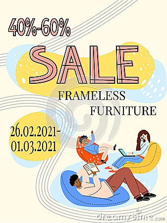 Vector flat illustration Billboard, poster, sales signage, discount chairs, bags, padded stool Cartoon Illustration