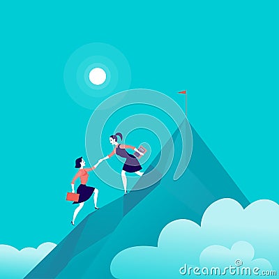 Vector flat illustration with business ladies climbing together on mountain peak top on blue clouded sky background. Vector Illustration