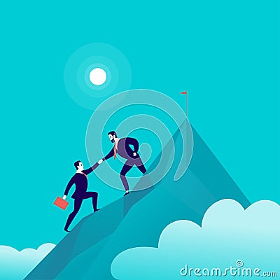 Vector flat illustration with business people climbing together on mountain peak top on blue clouded sky background. Vector Illustration