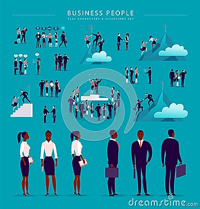 Vector flat illustration with business people office characters & metaphor isolated on blue background. Vector Illustration