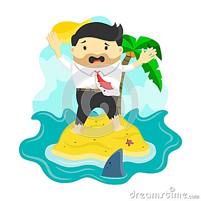 Vector flat illustration of businessman stranded in an island surrounded by shark, danger, business risk Vector Illustration