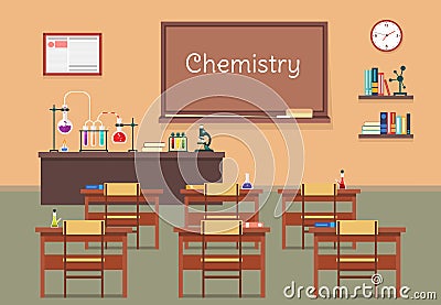 Vector flat illustration of chemistry lassroom at the school, university, institute, college. Desks with books rulers Vector Illustration