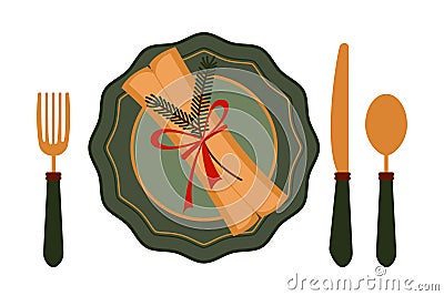 Vector flat illustration of Christmas catering. Table set for Christmas, top view, plate with napkin, fork, knife and Vector Illustration