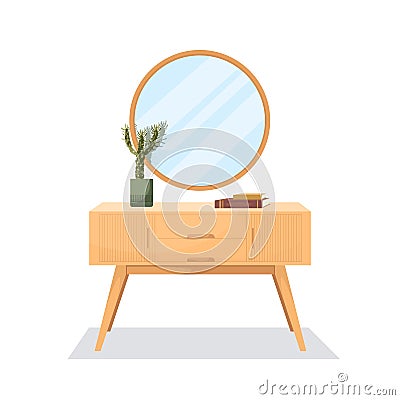 Vector flat illustration with a commode on white background. Modern interior items for room: chest, houseplant, mirror Vector Illustration
