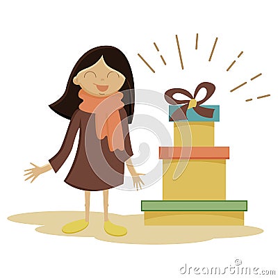 Girl looking at long awaited presents Vector Illustration