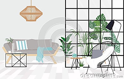 Classy living room interior with scandinavian sofa, armchair and urban jungle Vector Illustration