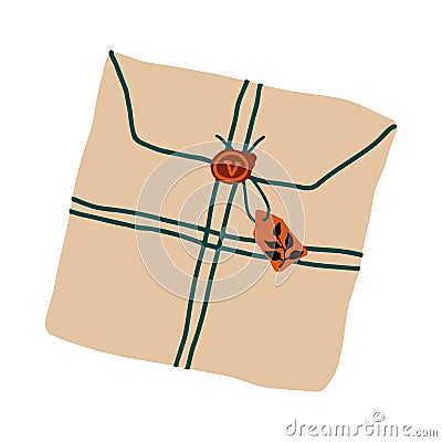 vector flat illustration Envelope or package delivery gift with mail and Postcards. Different objects, Craft paper, twine, sealing Vector Illustration