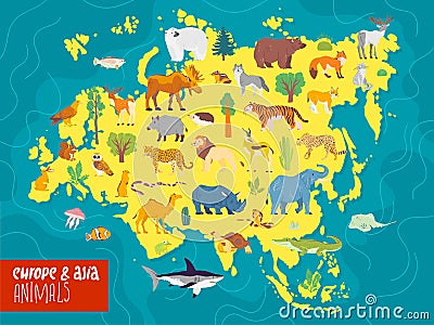 Vector flat illustration of Europe & Asia continent, animals & plants: polar bear, moose, squirrel, wolf, elephant, tiger, rhino, Vector Illustration