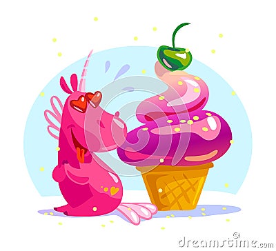 Vector flat illustration with funny cute little unicorn character and big tasty ice cream cone Vector Illustration