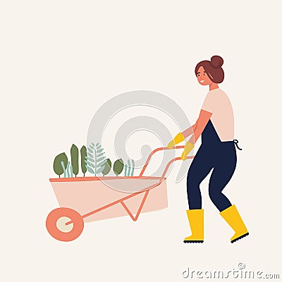 Vector flat illustration of gardener character. Young woman holding wheelbarrow of earth with plants. Vector Illustration