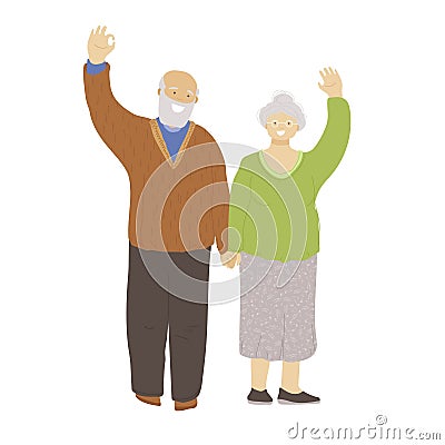Vector flat illustration of happy cheerful senior couple, holding hands, waving hands, showing OK Sign. Joyful Older man Vector Illustration