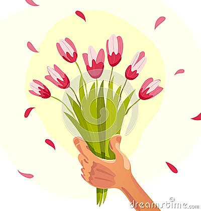 Vector flat illustration of human hand holding bouquet of spring flowers Vector Illustration