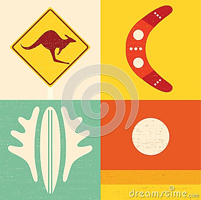 Vector illustration icon set of Australia: kangaroo, boomerang, surfing, nature Vector Illustration