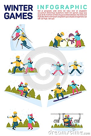 Vector flat illustration infographic of winter snow sport games. Skiing, making snowman, skating, angels on snow Vector Illustration