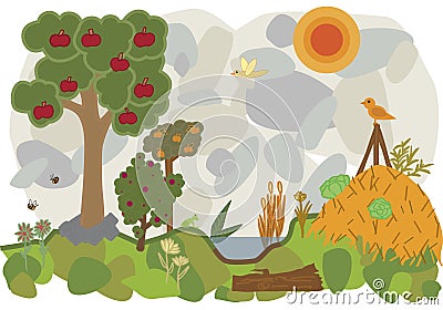 Vector flat illustration of a land of permaculture Cartoon Illustration