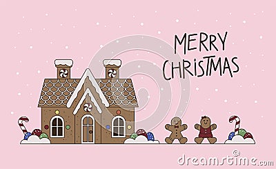 Vector flat illustration with lettering gingerbread house gingerbread man cookies sweets and caramel canes. Fabulous Christmas Vector Illustration