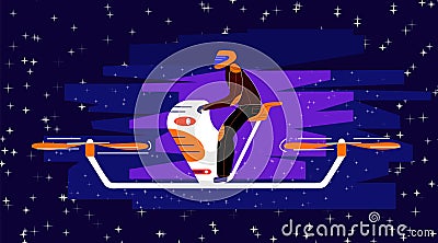 Vector flat illustration man on flying motorcycle in form of unmanned aerial vehicle Cartoon Illustration