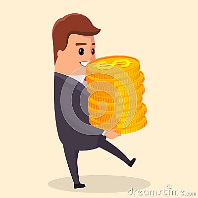 Vector flat illustration. Manager character with gold coin in hand. smiling and holding in . Funny cartoon Vector Illustration