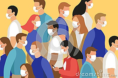 Vector flat illustration of many people in crowd wearing face masks - virus outbreak, pandemic, safety measures Vector Illustration