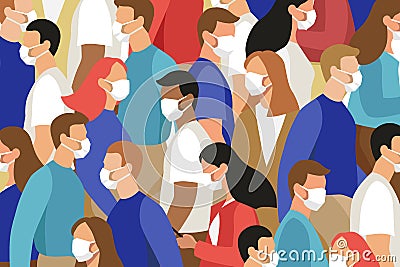 Vector flat illustration of many people in crowd wearing face masks - virus outbreak, pandemic, safety measures Vector Illustration