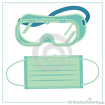 Vector flat illustration with a medical protective fabric mask and safety glasses, goggles. For your web, logo, app, UI Vector Illustration