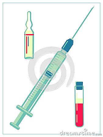 Vector flat illustration with medical syringe for injectings, vials with medicine and test tube with blood. Isolated Vector Illustration