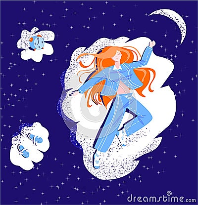 Vector flat illustration of metaphor with young woman who is sleeping sweetly on cloud. Vector Illustration