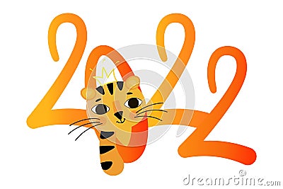 Vector flat illustration of number 2022 with tiger cub. From the middle of the numbers protrudes the head of a tiger cub Stock Photo