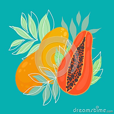 Vector flat illustration with papaya, mango and foliage on a turquoise background. Postcard with tropical juicy fruits. Card with Vector Illustration