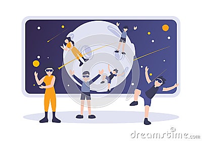 Vector flat illustration. People enjoy playing VR or virtual reality technology. Man and woman on futuristic planet space world Vector Illustration