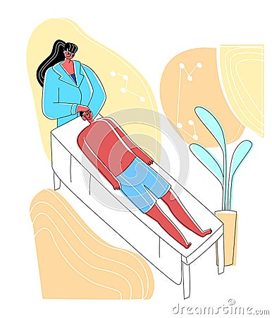 Vector flat illustration reception of osteopath in office. Image shows process manual treatment Cartoon Illustration