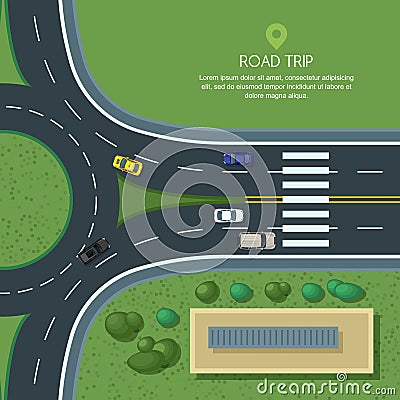 Vector flat illustration of roundabout road junction and city transport. City road, cars, crosswalk top view. Vector Illustration