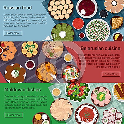 Vector flat illustration of russian, belarusian, moldovan molnational dishes. Vector Illustration