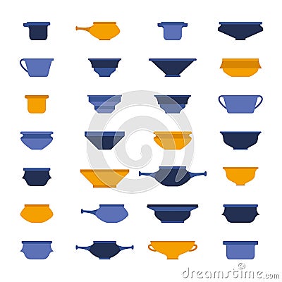 Vector flat illustration set. Various plates, bowls in traditional style Vector Illustration