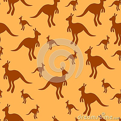 Vector flat illustration with silhouette kangaroo and baby kangaroo on fiery background. Seamless pattern on orange Vector Illustration