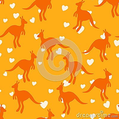 Vector flat illustration with silhouette kangaroo and baby kangaroo on fiery background. Seamless pattern on orange Vector Illustration