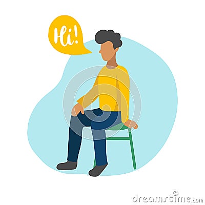 Vector flat illustration of sitting boy with speech bubbles in minimalist style. Man speaking Hi. Used for users app. Vector Illustration