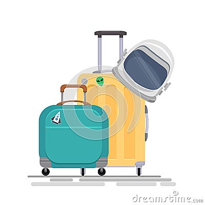 Vector flat illustration of space tourists suitcase with an astronauts helmet and bag . Space family tourism. Vector Illustration