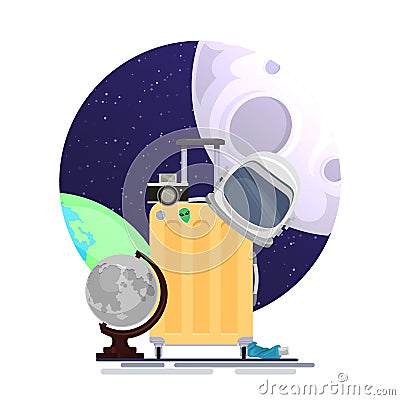 Vector flat illustration of space tourists suitcase with astronauts helmet, moon globe and camera on space illustration. Vector Illustration