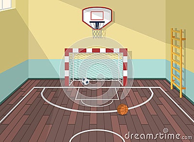 Vector flat illustration of sport room in institute, college, university, school. Basketball, football and soccer balls Vector Illustration