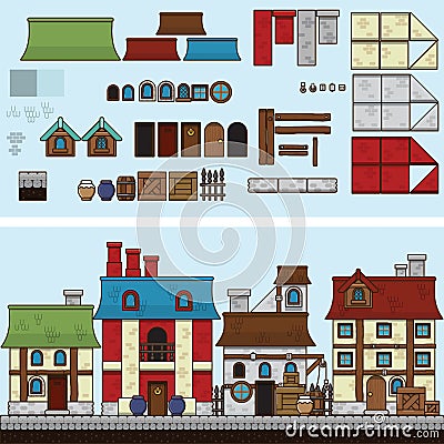 Vector flat illustration and sprite for game. Old houses Cartoon Illustration