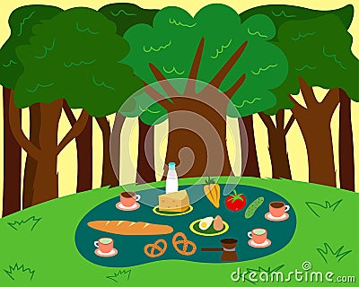 Vector flat illustration of a tasty picnic scene in the woods. Coffee break in the forest. Green trees and meadow Cartoon Illustration