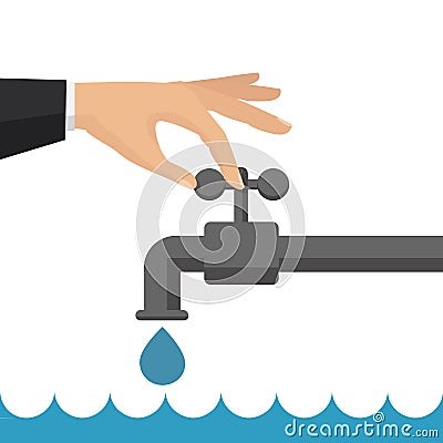 Turn off the water with man`s hand isolated on background. Vecto Vector Illustration