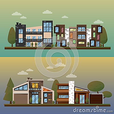 Vector flat illustration of two family house and sweet home banners outdoor street, private pavement, backyard with Vector Illustration