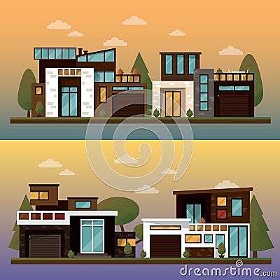 Vector flat illustration of two family house and sweet home banners outdoor street, private pavement, backyard with Vector Illustration