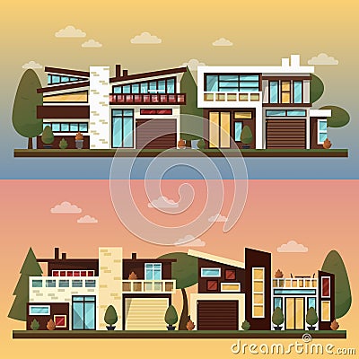 Vector flat illustration of two family house and sweet home banners outdoor street, private pavement, backyard with Vector Illustration